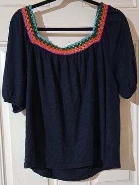 Boden Navy Peasant Top with Multicolor Crochet Neckline